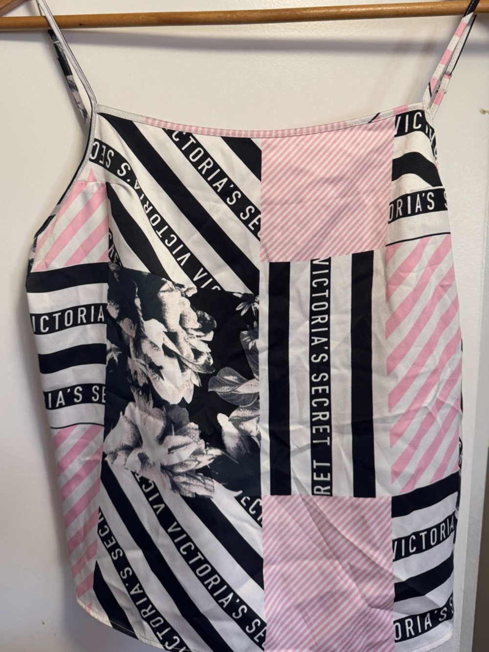 Victoria's Secret iconic logo print Pink/Black Striped lounge sleep top -NWT - S